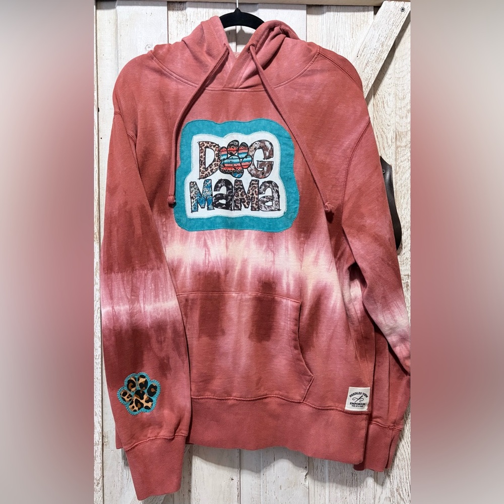 Dog Mama Tie Dye Hoodie - Upcycled Dusty Rose Hoodie With Paw Print Sleeve